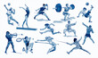 © Andrey - Sport people set. Collection of different sport activity. Professional athlet doing sport. Basketball, football,karate,tennis,sprint,gymnastic,weightlifter . Vector illustration in cartoon style