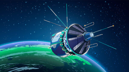 Vector illustration card with spaceship satellite in space with Earth. Space history program, human exploration of near space. Picture with 3d model flying spaceship. Isolated