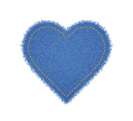 denim heart shape with seam. torn jean patch with stitches. vector realistic illustration on white b