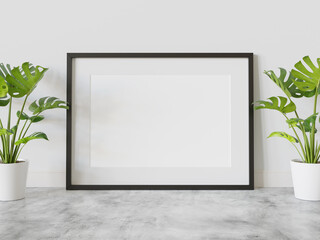 Aufkleber - Black frame leaning on floor in interior mockup. Template of a picture framed on a wall 3D rendering