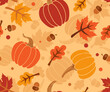  Multicolored pumpkins, acorns, maple and oak leaves on an ocher background. Vector seamless pattern. Fll design.