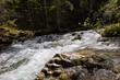 Wunderschöner Gebirgsfluss in den Alpen mit Panorama und kleinen Wasserfällen