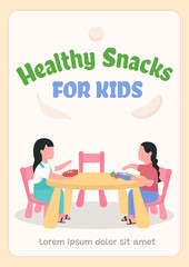 Poster - Healthy snacks for kids poster flat vector template. School packed lunch. Brochure, booklet one page concept design with cartoon characters. Diet for children flyer, leaflet with copy space