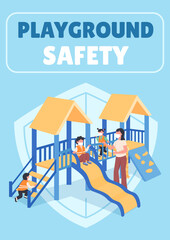 Poster - Playground safety poster flat vector template. Teacher with kids in masks. Brochure, booklet one page concept design with cartoon characters. Kindergarten healthcare flyer, leaflet with copy space