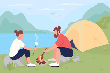 Wall Mural - camping in countryside flat color vector illustration. tourists roasting marshmallows on bonfire. co