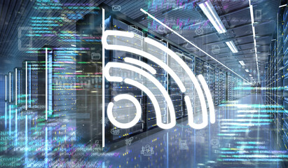 Poster - Wifi icon in a Server room data center - 3d rendering