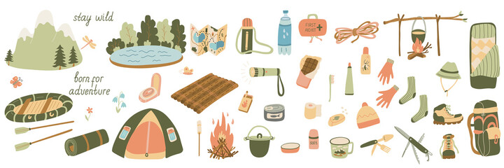 big set of vector illustrations of tourism and camping equipment in flat style. hand drawn isolated 