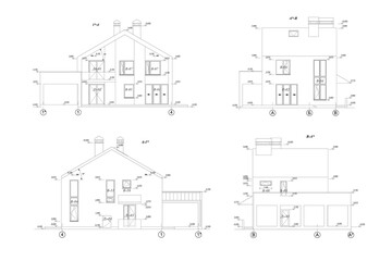 Wall Mural - Private house facade sections, detailed architectural technical drawing, vector blueprint