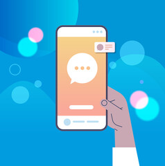 Poster - hand using mobile chatting app on smartphone screen online communication concept
