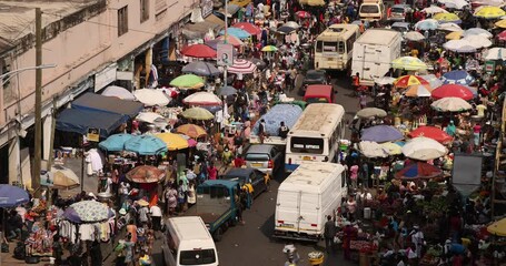 accra ghana africa overhead makola street market. historical busy congested market area downtown, ac
