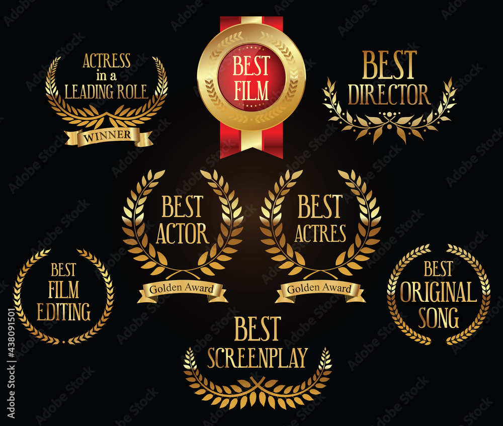 Collection of golden label with laurel wreath film award luxury ...