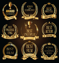 collection of golden label with laurel wreath film award luxury template design