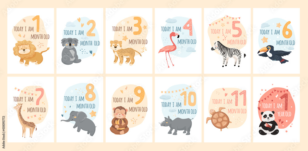 Stockvector Baby milestone cards with cute animals and numbers. Kids ...