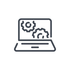 Poster - Laptop with gears of cogwheels line icon. Computer settings and online control management vector outline sign.