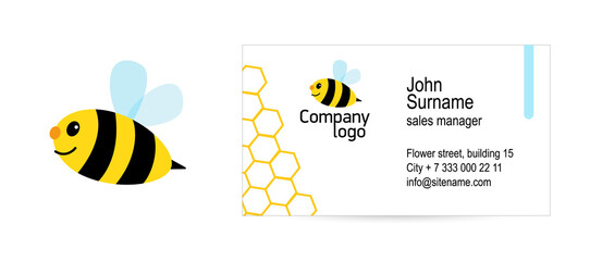 Wall Mural - Bee logo and a modern white business card for the honey company.