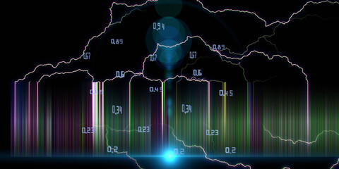 Wall Mural - Abstract background  lightning lines and data on dark.  Banner for science and technology.Concept with blurred lines and spot light..