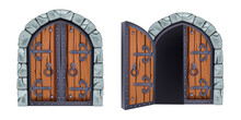 Castle Gate Vector Illustration, Medieval Wooden City Entrance, Closed And Opened Vintage Door, Stone Arch. Double Facade Portal, Metal Handle, Fortress Dungeon Entry. Game Castle Gate Design Element