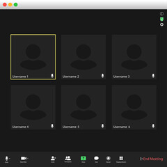 Poster - Video conferencing user interface. Video call screen interface template. Application for social communication. Video conferencing window overlay. six users.