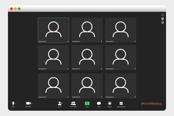 Poster - Video conferencing user interface. Video call screen interface template. Application for social communication. Video conferencing window overlay. nine users.