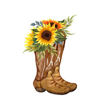 Watercolor Flowers In Boots. Cowboy Boot And Sunflowers. Farmhouse Rustic Clipart Isolated On White Background.