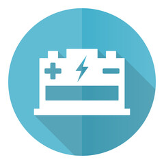 Poster - Car battery blue vector icon, flat design symbol, round web button