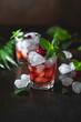 Berry alcoholic cocktail liqueur, vodka, ice and mint. Refreshing cool drink, berry liqueur or red alcoholic cocktail.