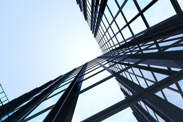 Aufkleber - Low angle view of futuristic architecture, Skyscraper of corporate office building with glass window, 3D rendering.