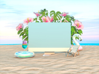 Leinwandbilder - Abstract summer beach scene with desktop computer mockup background. 3d rendering.