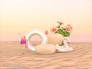 Leinwandbilder - Abstract summer beach scene with a stone podium background. 3d rendering.