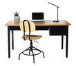 Leinwandbild Motiv Stylish workplace with wooden desk and comfortable chair on white background