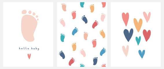 Cute Nursery Vector Art. Light Pink Little Baby Foot Isolated on a White Background. Hello Baby. Baby Shower Vector Illustration and Lovely Seamless Pattern with Little Baby Feet. Print with Hearts.