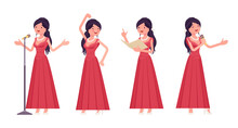 Musician, Elegant Red Evening Dress Woman Singing, Dancing. Classical Music Event, Concert, Wedding Party Performance. Vector Flat Style Cartoon Illustration Isolated, White Background