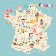 France Map Kids Nursery Poster Print. French Elements, People, Symbols. Fun Tutorial. Vector Illustration.