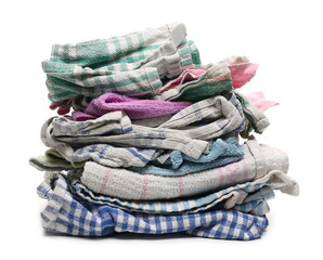 Used colorful cloths pile, rags for cleaning isolated on white background