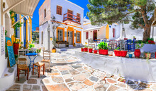 Beautiful Lefkes Traditional Greek Village In Paros Island. Charming Coffe Bars And Taverns In Colorful Narrow Streets. Cyclades , Greece