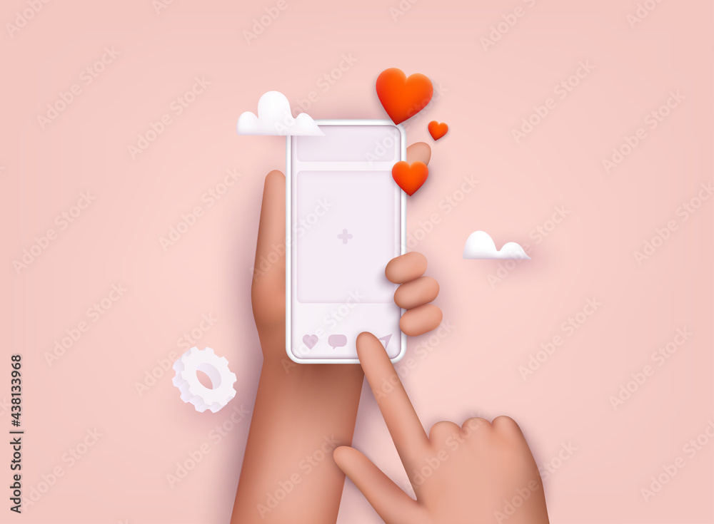 Hand holding mobile smart phone with social media app. Smartphone with interface post on social network. 3D Web Vector Illustrations. - obrazy, fototapety, plakaty 
