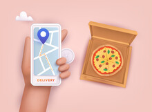 Hand Holding Mobile Smart Phone With Delivery Pizza App. Order Food Online. 3D Vector Illustrations.