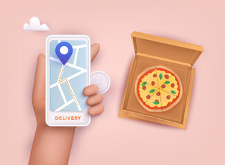 Hand holding mobile smart phone with delivery pizza app. Order food online. 3D Vector Illustrations.