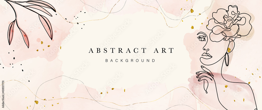 Abstract art botanical background vector . Luxury wallpaper design with women face, leaf, flower and tree  with earth tone watercolor and gold glitter. Minimal Design for text, packaging and prints. - obrazy, fototapety, plakaty 