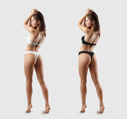 Sticker - Mockup of a stylish white, black swimsuit, bikini on a sexy girl, isolated on background in the studio. Set