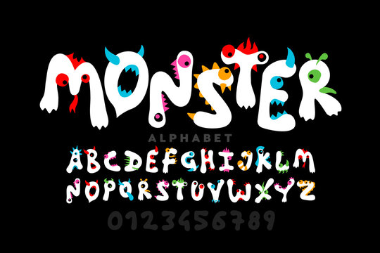 Monster cartoon style font design, childish colorful playful alphabet, letters and numbers
