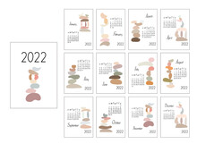 Calendar Template Year 2022 Zen Stones Abstract Vector Boho Illustration In Simple Minimalist Style, Relax, Meditation, Yoga Concept, Week Starts On Sunday, Vector Printable Page