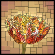 Vector Square Mosaic With Blooming Flower Of Red Velvety Tulip In Stained Glass Window.