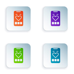 Poster - Color Smartphone with heart rate monitor function icon isolated on white background. Set colorful icons in square buttons. Vector