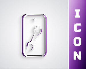 Poster - Paper cut Mobile phone with wrench icon isolated on grey background. Adjusting, service, setting, maintenance, repair. Paper art style. Vector