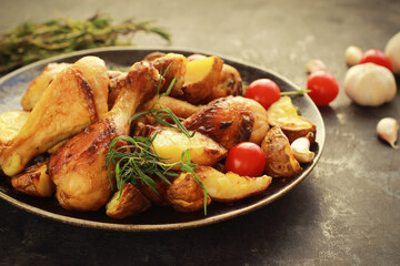 Poster - Fried chicken legs with spices and fried potatoes in a plate on the wooden table close up.