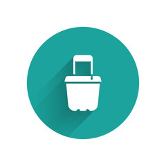 Wall Mural - White Sand in bucket icon isolated with long shadow. Plastic kid toy. Summer icon. Green circle button. Vector