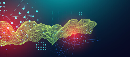 The abstract wave is made in a frame style in a bright gradient color. Template for science and technology presentation.
