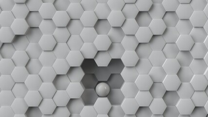 Poster - 3d rendering of a geometric background of hexagons and a white perfect sphere. white hexagons of dif