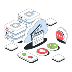 Fototapete - Video server, cloud technology, hosting. Vector 3d line isometric, color web icons, new flat style. Creative design idea for infographics.